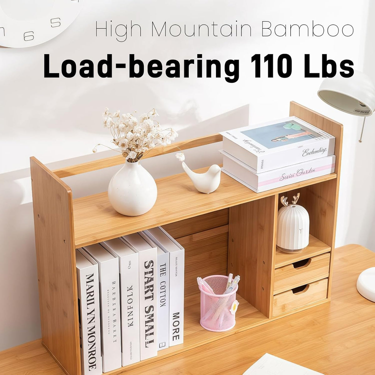 Bamboo Desktop Bookshelf 2-Tier Short Bookshelf with 2 Drawers Desk
