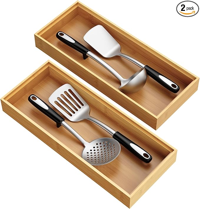Bamboo Drawer Organizer, Stackable Utensil Trays by Bayting