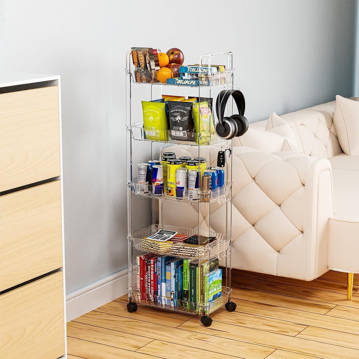 Clear 3 Tier Rolling Utility Cart with Wheels,Modern Bedside Cart for