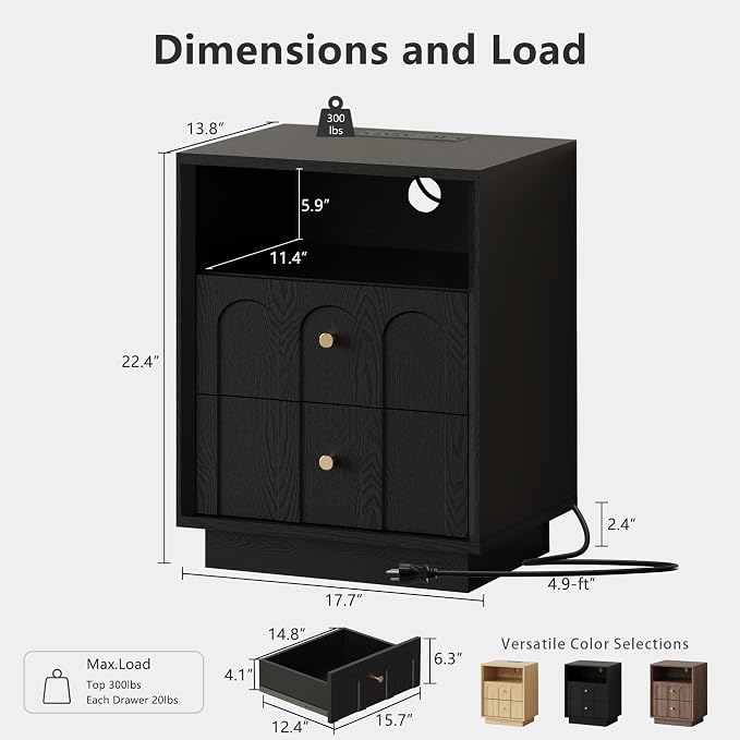 Nightstand Set of 2 with Charging Station, Mid Century Modern Nightstand with - Image 2