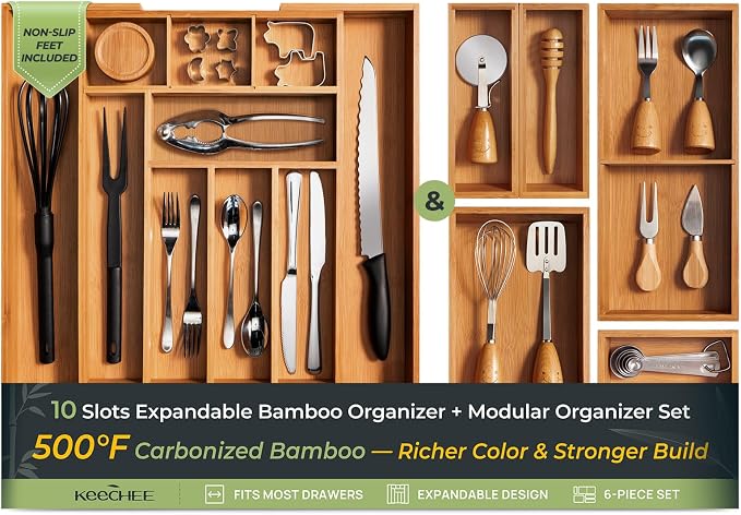 6-Piece Bamboo Drawer Organizer Set, 2.2" Deep Multi-Use Organizers by Keechee