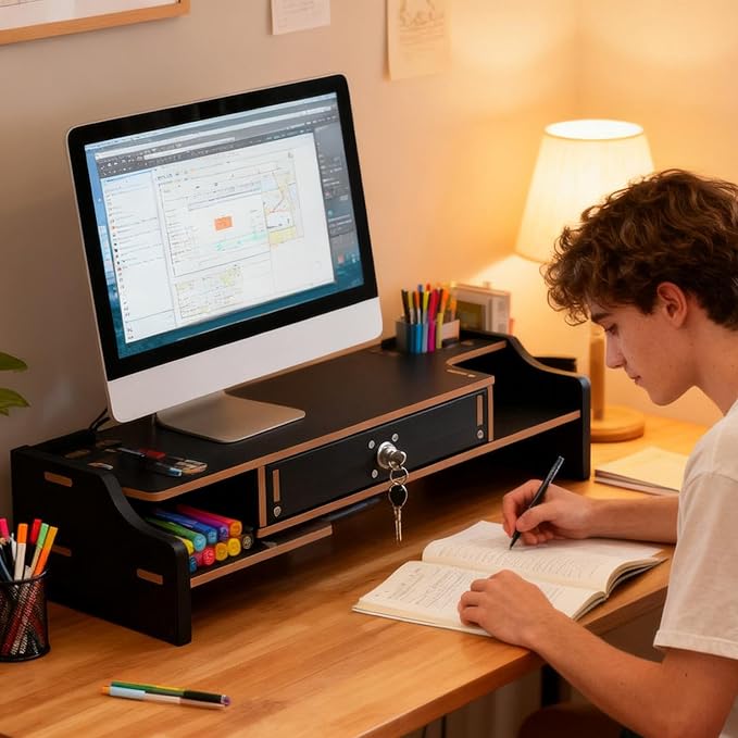 Monitor Riser - Wooden Desktop Organizer Shelf - Desktop Organizer - - Image 3