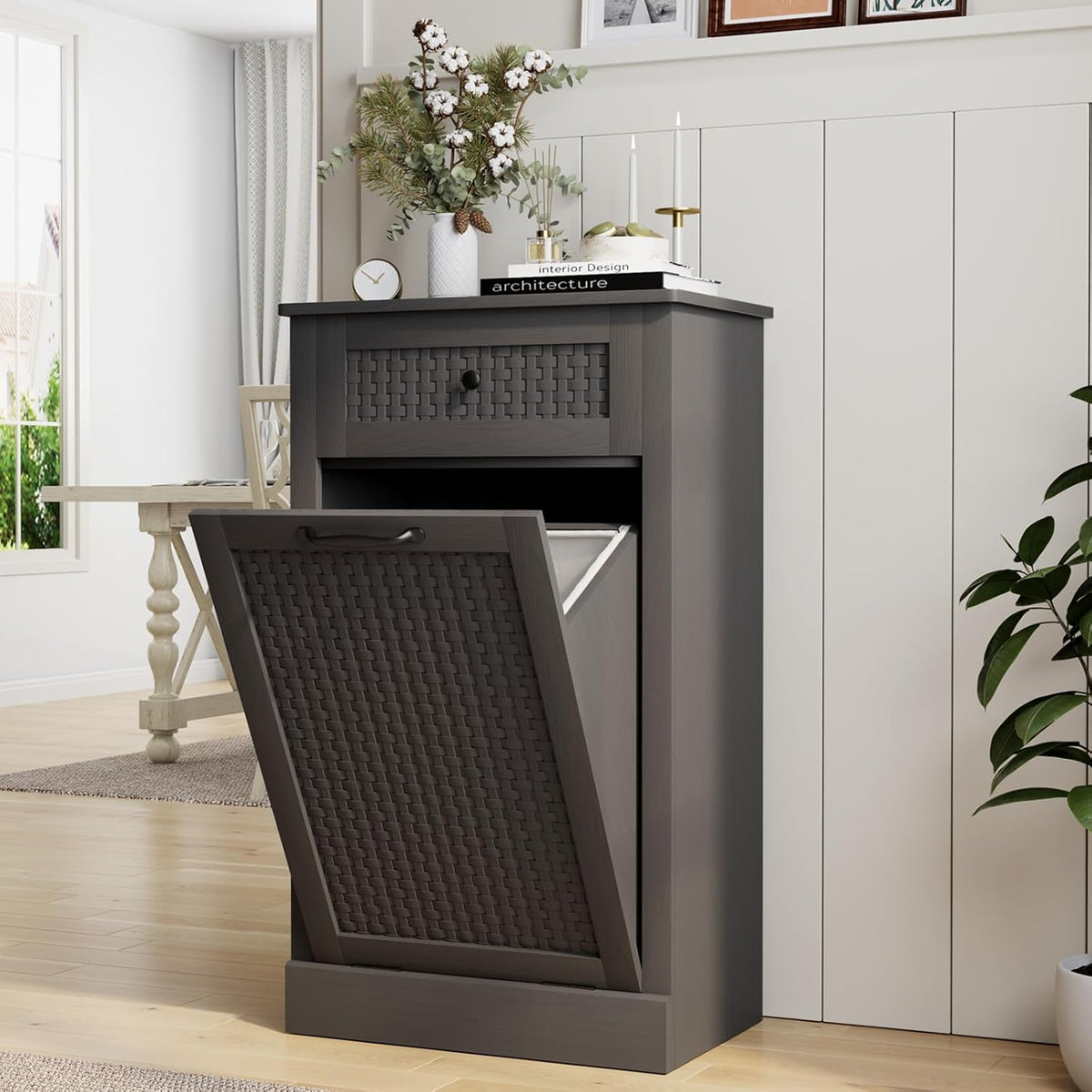 Tilt Out Laundry Hamper Cabinet, Rattan-Style Laundry Room