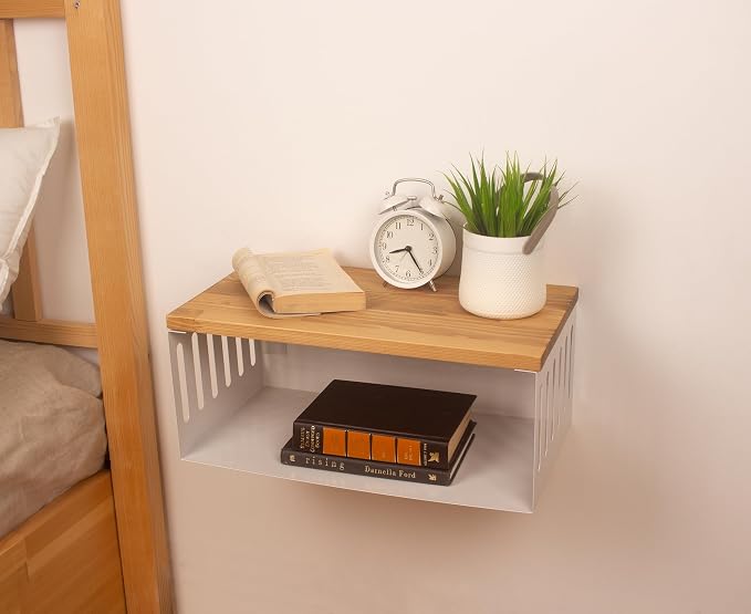 Floating Nightstand with White Metal Base, Wooden Top and Sturdy Metal Base - Image 5
