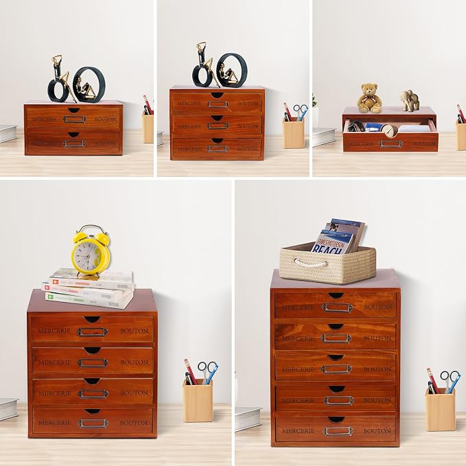 5Pcs Storagee Drawers, Retro Desktop Organize, Wooden Desktop Organizer - Image 4