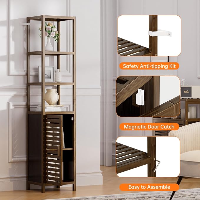 HITNET Bathroom Cabinet, Bamboo Floor Cabinet Freestanding Narrow Storage Unit - Image 6