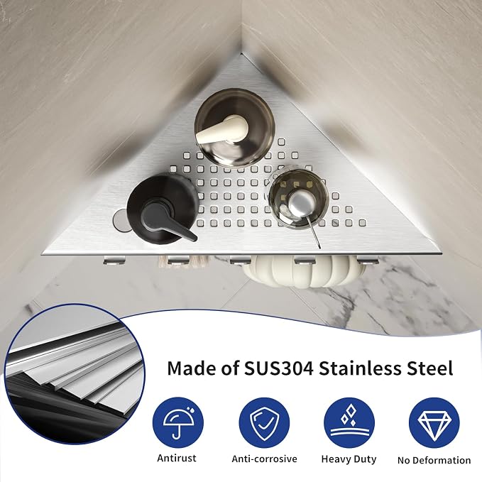 Grout in Shower Shelves with Hooks, 304 Stainless Steel Corner Bathroom Shelf - Image 6