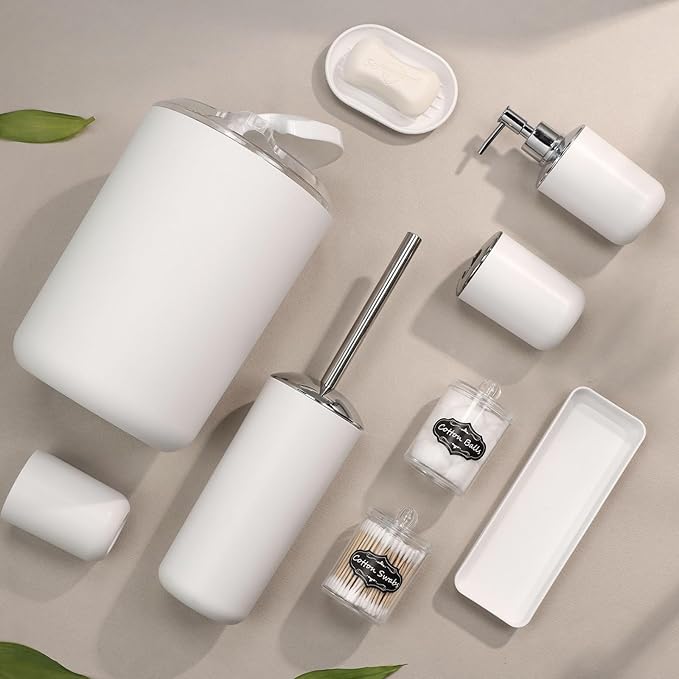 White Bathroom Set, 9 Piece Bathroom Accessories Set, Soap Dispenser, - Image 2