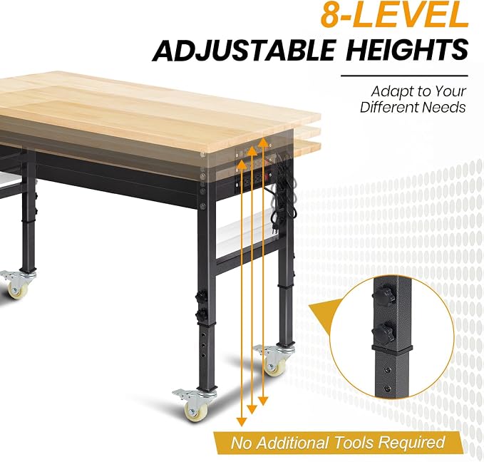 70'' Adjustable Workbench, Rubber Wood Top Work Bench Heavy-Duty Work Table - Image 9