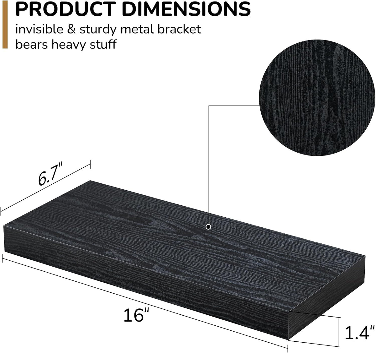 Floating Shelves - 16 Inch Rustic Black Wall Shelf - Wall Mounted