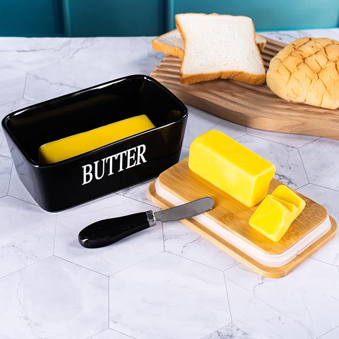 Black Butter Dish with Lid for Countertop, Large Ceramic Covered Butter Stick - Image 5