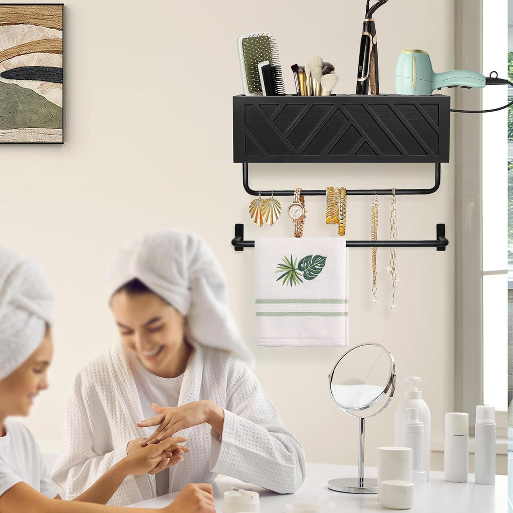 Hair Tool Organizer Wall Mount With 2 Towel Bars, Wood Hot Tools