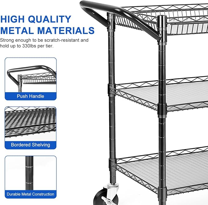 YNN Black Utility Rolling Cart, 990Lbs 3 Tier Heavy Duty Metal Cart - Image 4