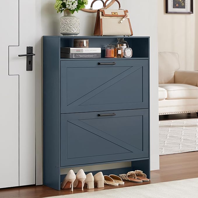 Shoe Storage Cabinet with 2 Flip Drawers, Farmhouse Narrow Shoe Organizer with - Image 8