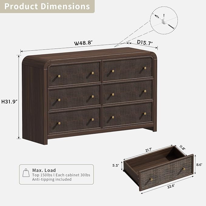 Oak&Sparrow 6 Drawer Dresser for Bedroom, Boho Chest of Drawers, Thickened - Image 2