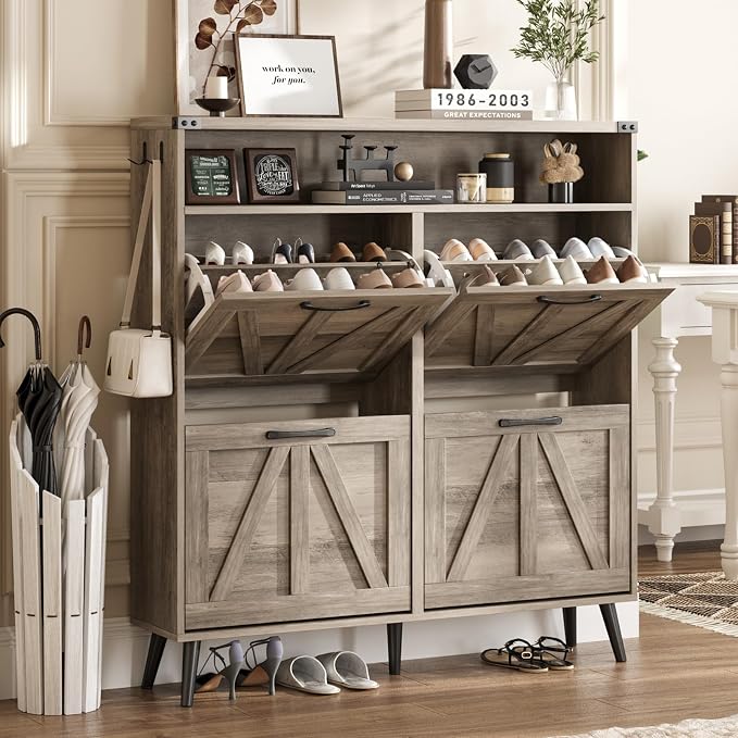 Shoe Cabinet with 4 Flip Drawers, Farmhouse Shoe Storage Cabinet by Halitaa