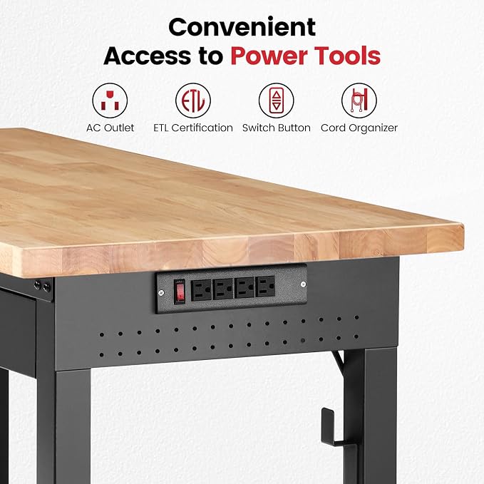 Work Bench with Shelf Bracket 60 Inch Heavy Duty Rubberwood Tabletop Workbench - Image 6