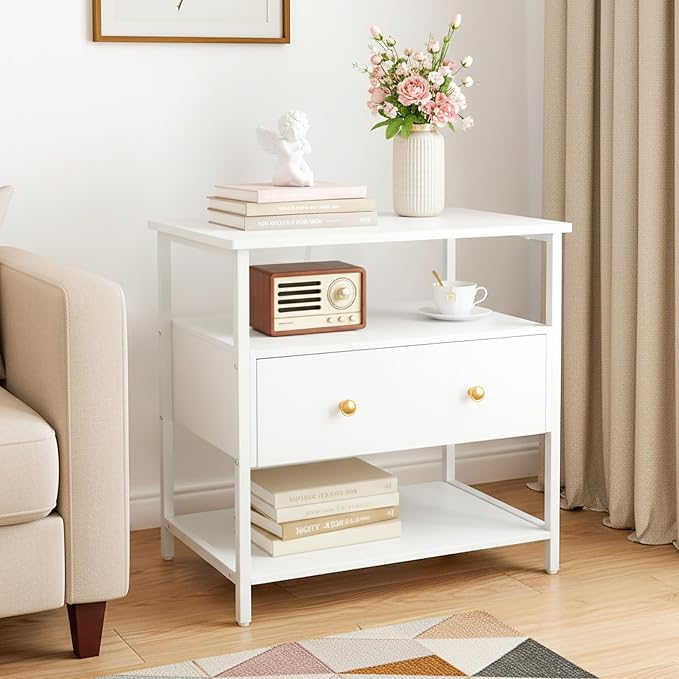 27 Inch Wide Night Stand with Charging Station, Wood Nightstand with Open Shelf - Image 2