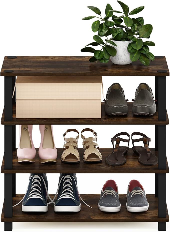 Furinno Turn-S-Tube 4-Tier Shoe Rack, Amber Pine/Black - Image 4