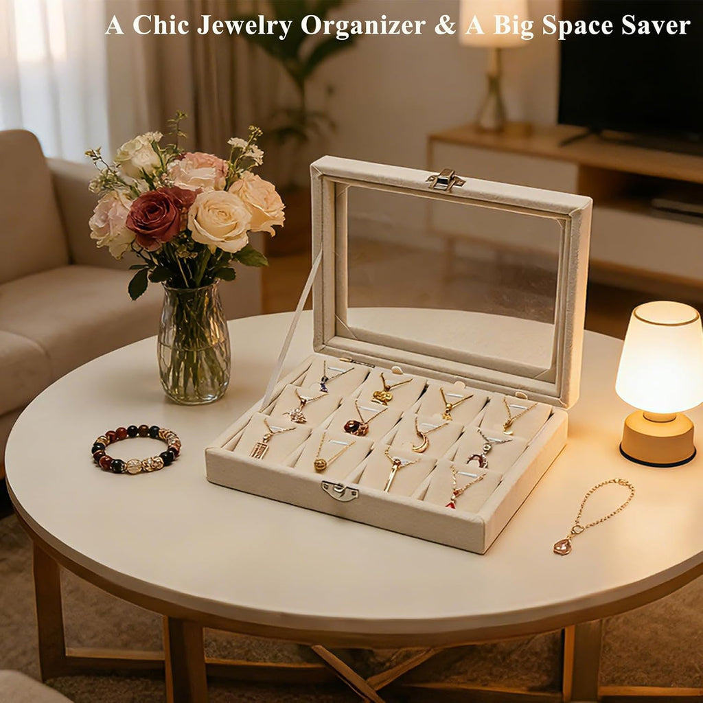 Jewelry Box Necklaces Organizer Beige 12 Slots, Pendants Display for