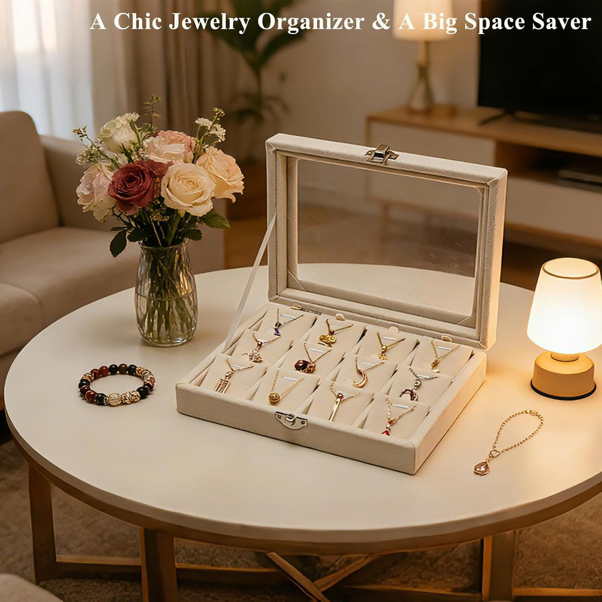 Jewelry Box Necklaces Organizer Beige 12 Slots, Pendants Display for