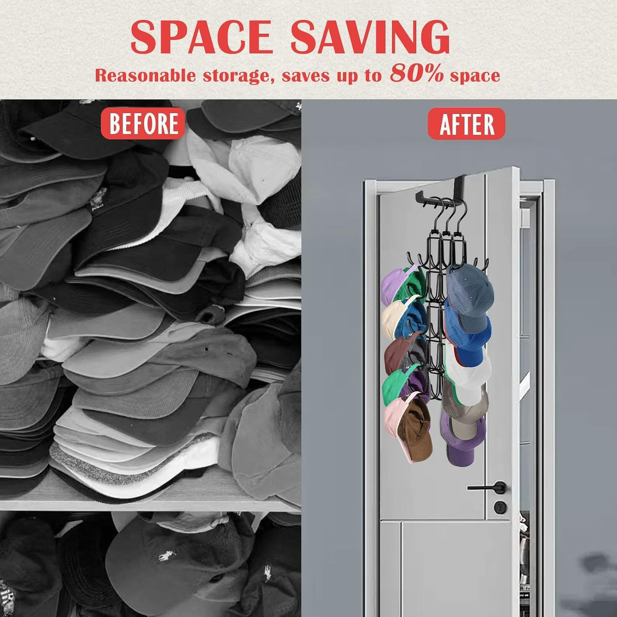 Hat Organizer for Closet: Collapsible Caps Rack with 10 Large Hooks