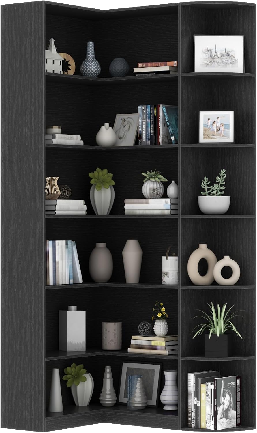 6-Tier Black Corner Bookshelf, 70.87" Tall L-Shaped Bookcase