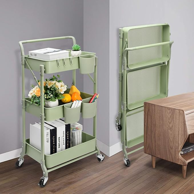 Foldable 3 Tier Rolling Cart, Metal Utility Cart, Folding Mobile Multi-Function - Image 6