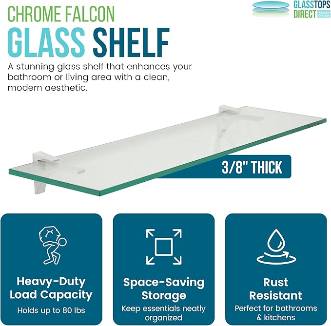 Spancraft Clear Floating Glass Shelf 8" X 36" in Chrome - Image 3
