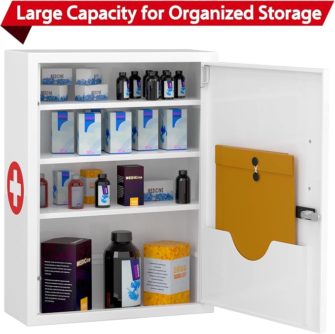 Wall-Mount Locking Medicine Cabinet: Large Metal Storage Organizer Box - Image 3