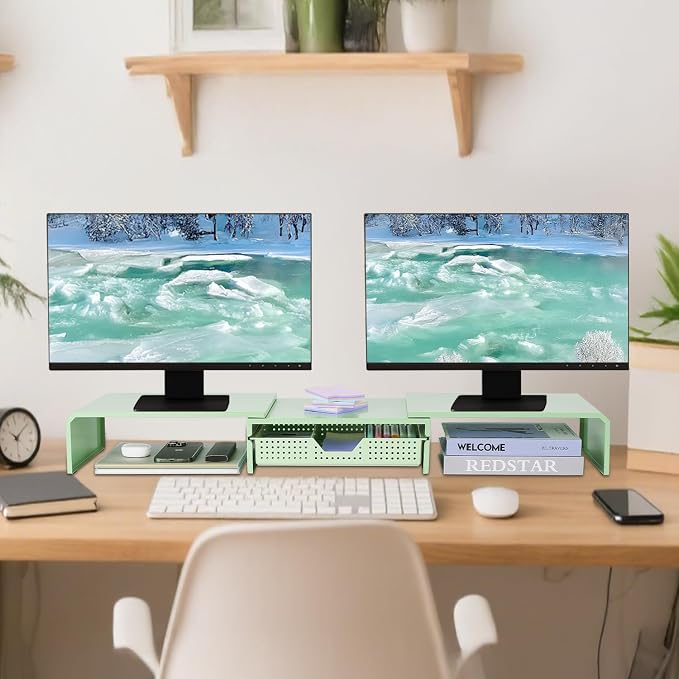 Dual Monitor Stand Riser with Drawer, Desk Organizer and Accessories, Metal - Image 3