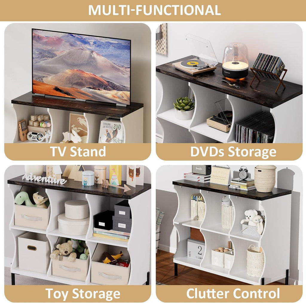 6 Cube Low and Short Book Shelf, White with Dark Brown Top