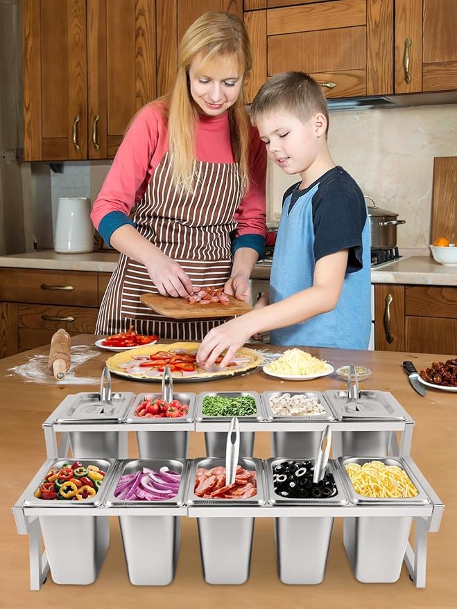 Kalolary 10 Pans Pizza Topping Storage Station, 2 Row Adjustable Stainless - Image 7