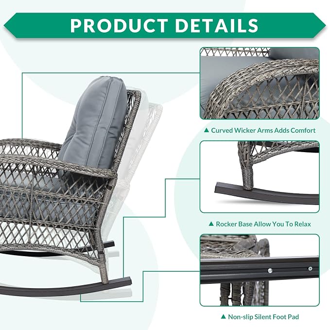 VIVIJASON Outdoor Wicker Rocking Chair, Patio Rattan Rocker Chair - Image 3