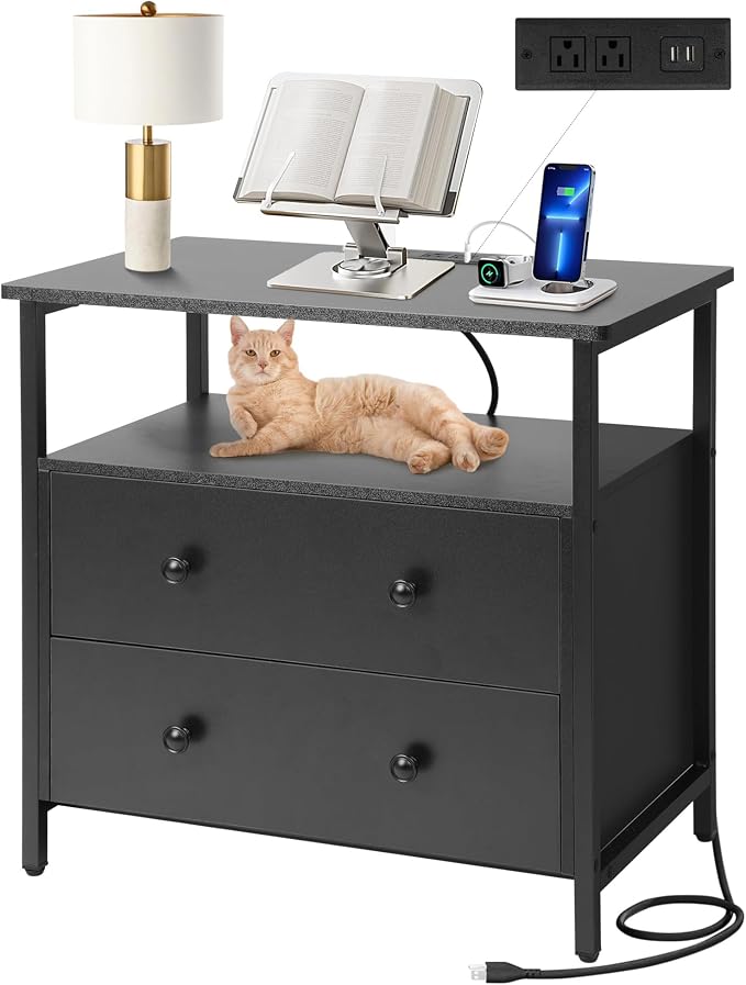 27 inch Wide Night Stand with Charging Station, Bedside Table with Open Shelf by Edbuosy