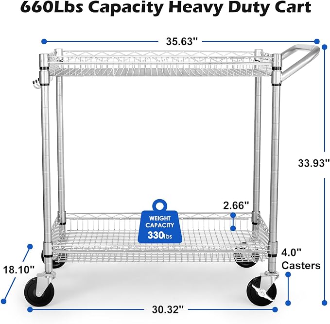 WDT 2 Tier Heavy Duty Utility Cart, NSF Rolling Carts - Image 4