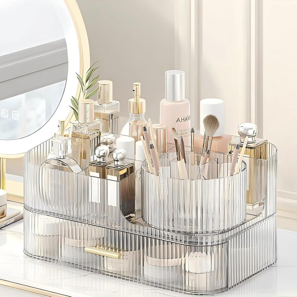 DASITON Makeup Organizer with Drawers and Rotating Makeup Brush