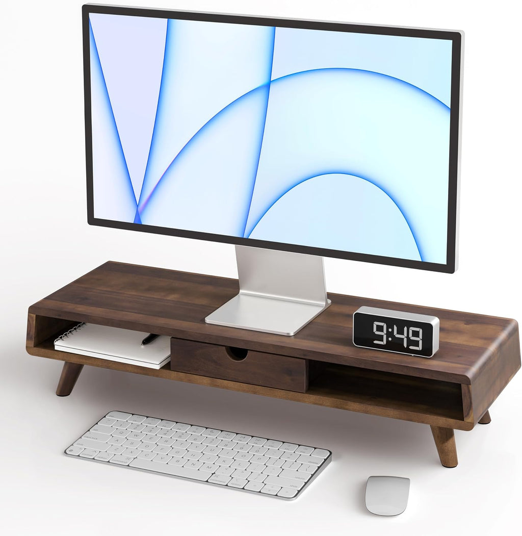 Wood Monitor Stand with Drawer & Storage, Walnut Color (Patented)