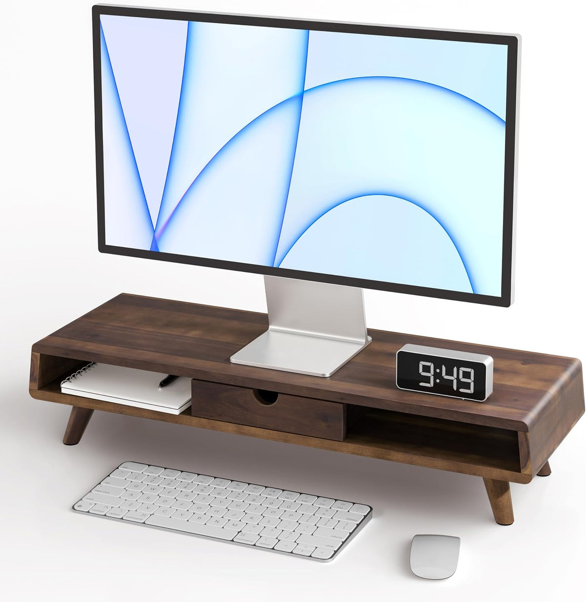 Wood Monitor Stand with Drawer & Storage, Walnut Color (Patented)