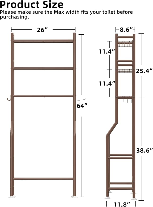 3-Tier Over The Toilet Storage, Freestanding Metal Bathroom Shelves - Image 3