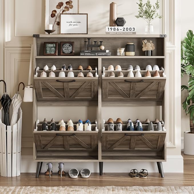 Shoe Cabinet with 4 Flip Drawers, Farmhouse Shoe Storage Cabinet - Image 6