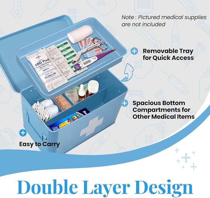 Flexzion First Aid Box Organizer Empty 13" Blue Vintage First Aid Kit Tin Metal - Image 5