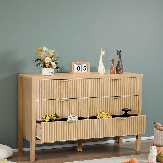 VEVOR Fluted Dresser with 6 Drawer, Modern Closet Dresser TV Stand, Boho Wood - Image 4