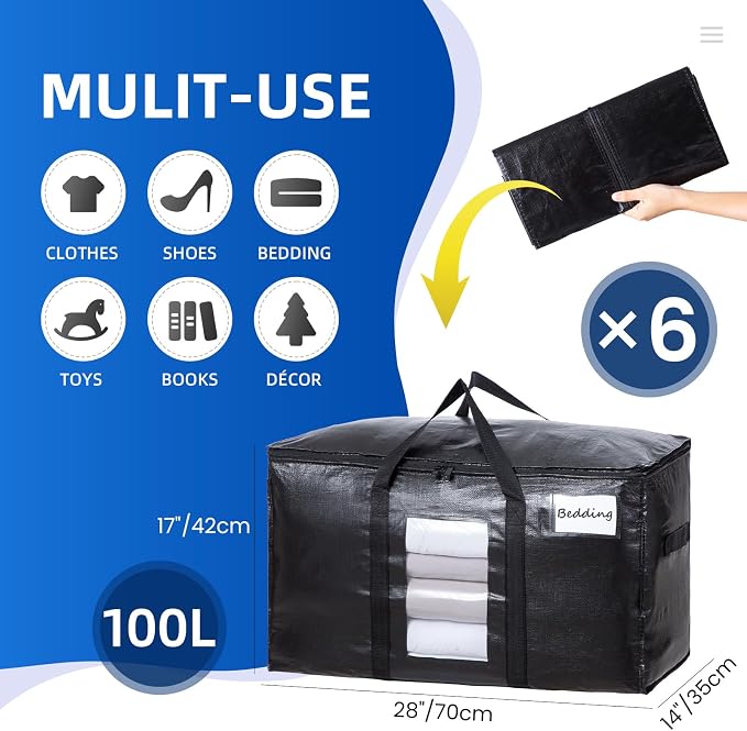 TAILI Extra Large Moving Bags, 6 Pack Black Heavy Duty Totes - Image 7