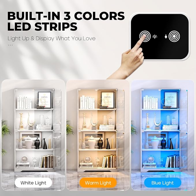 Display Cabinet with Glass Doors, 4-Tier Curio Cabinet with 3 Color Lights - Image 6