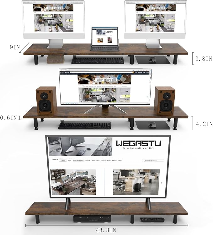 Large Dual Monitor Stand Riser 43.3IN，Vintage Home Office Storage - Image 3