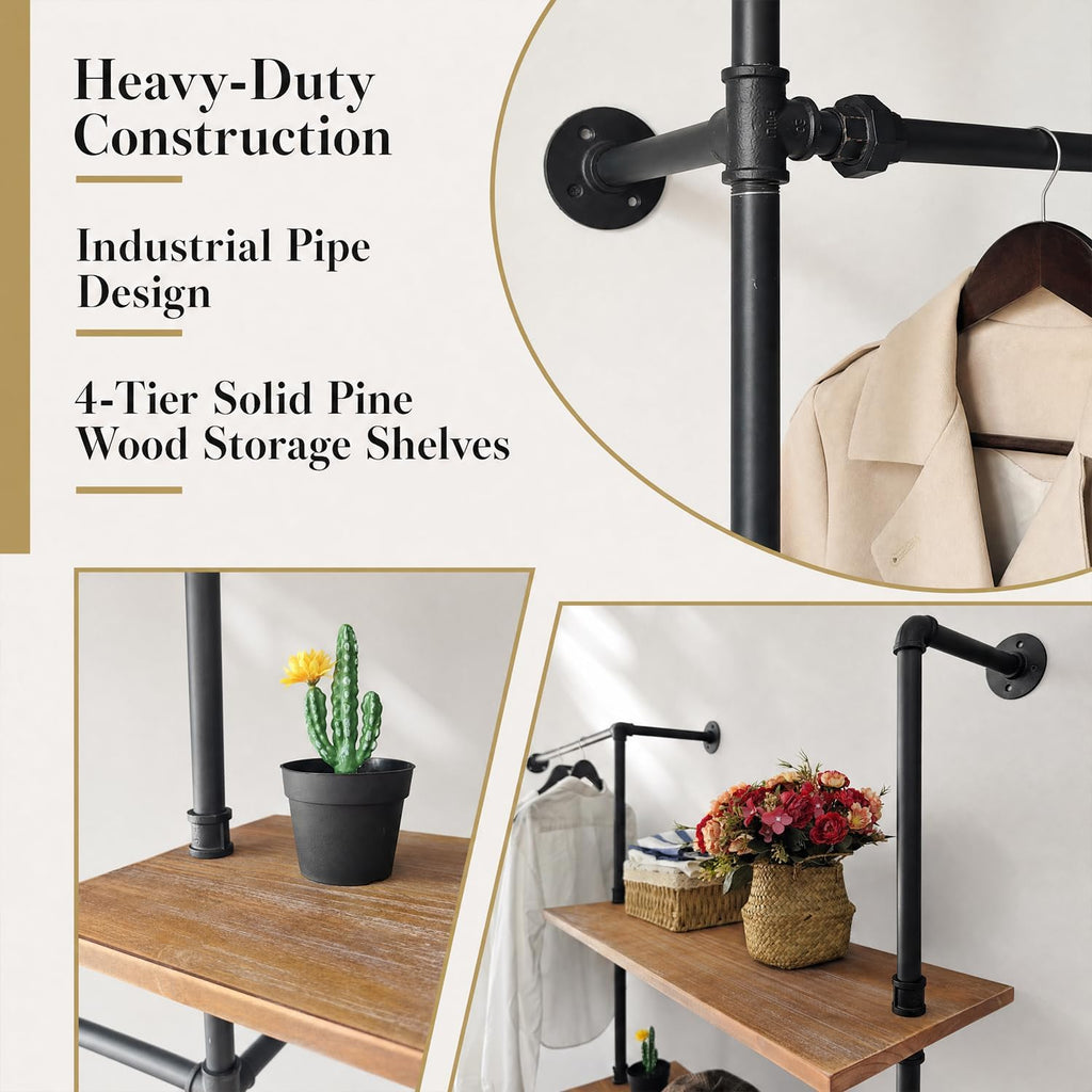 Wall Mounted Clothing Rack, Heavy Duty Pipe Closet, Pine Shelves