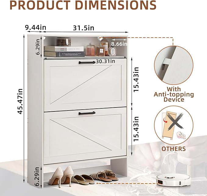 Shoe Storage Cabinet with 2 Flip Drawers, Farmhouse Narrow Shoe Organizer with - Image 2
