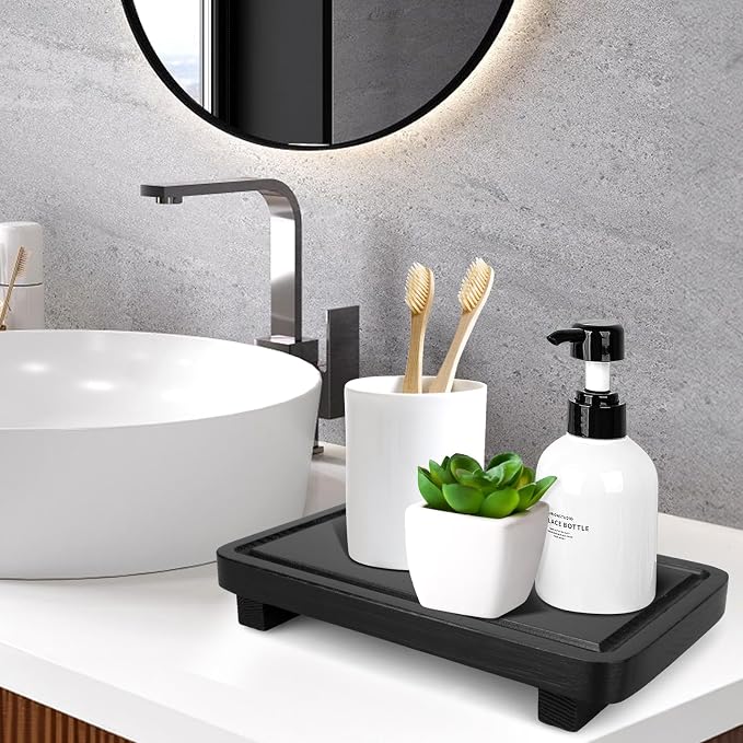 Black Bathroom Counter Organizer Wood Risers Display Pedestal Stand Kitchen - Image 2