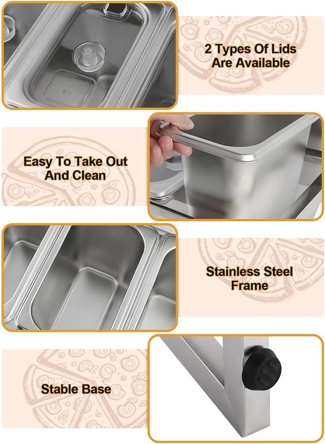Kalolary 10 Pans Pizza Topping Storage Station, 2 Row Adjustable Stainless - Image 3